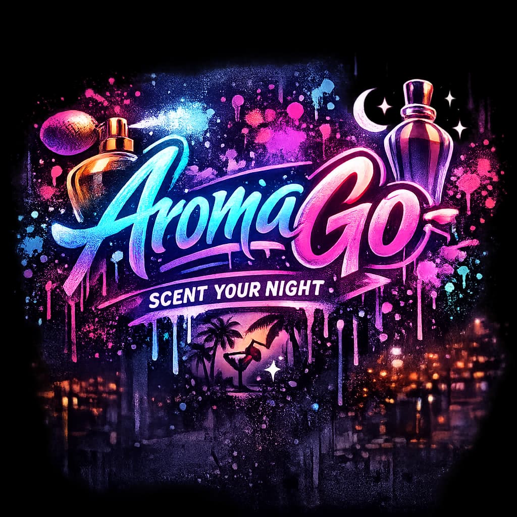Graffiti-inspired logo for AromaGo with spray paint textures and neon glow.