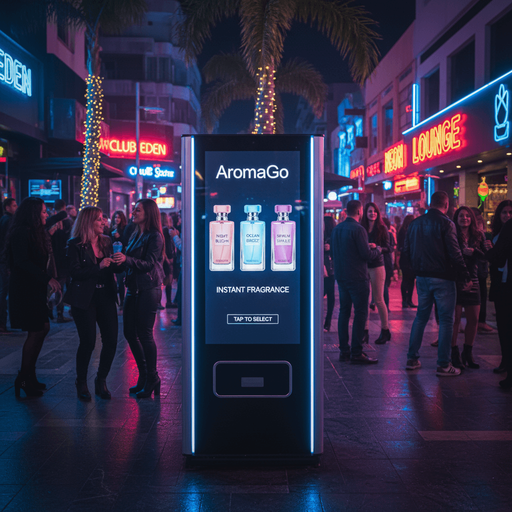AromaGo perfume vending machine in busy nightlife district with vibrant crowd