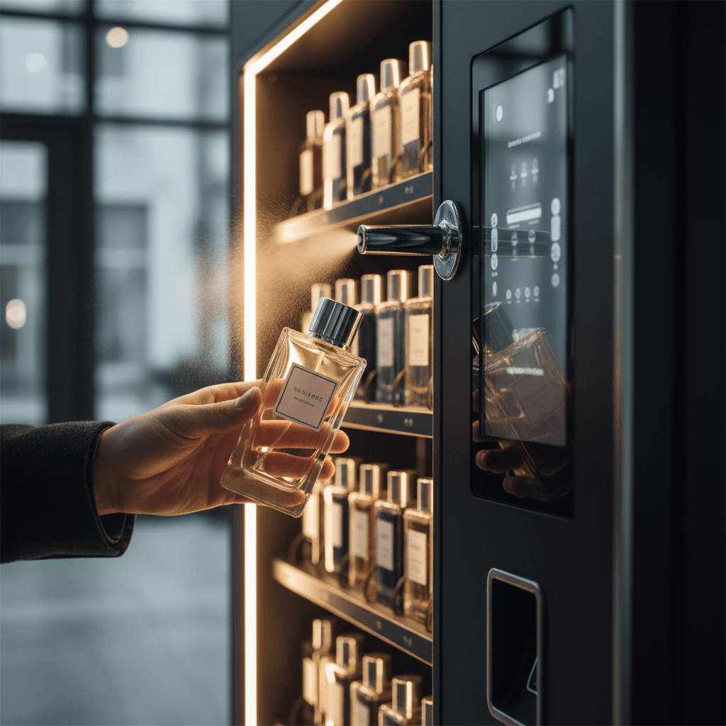 Modern perfume vending machine with sleek design bright professional lighting dispensing fragrance