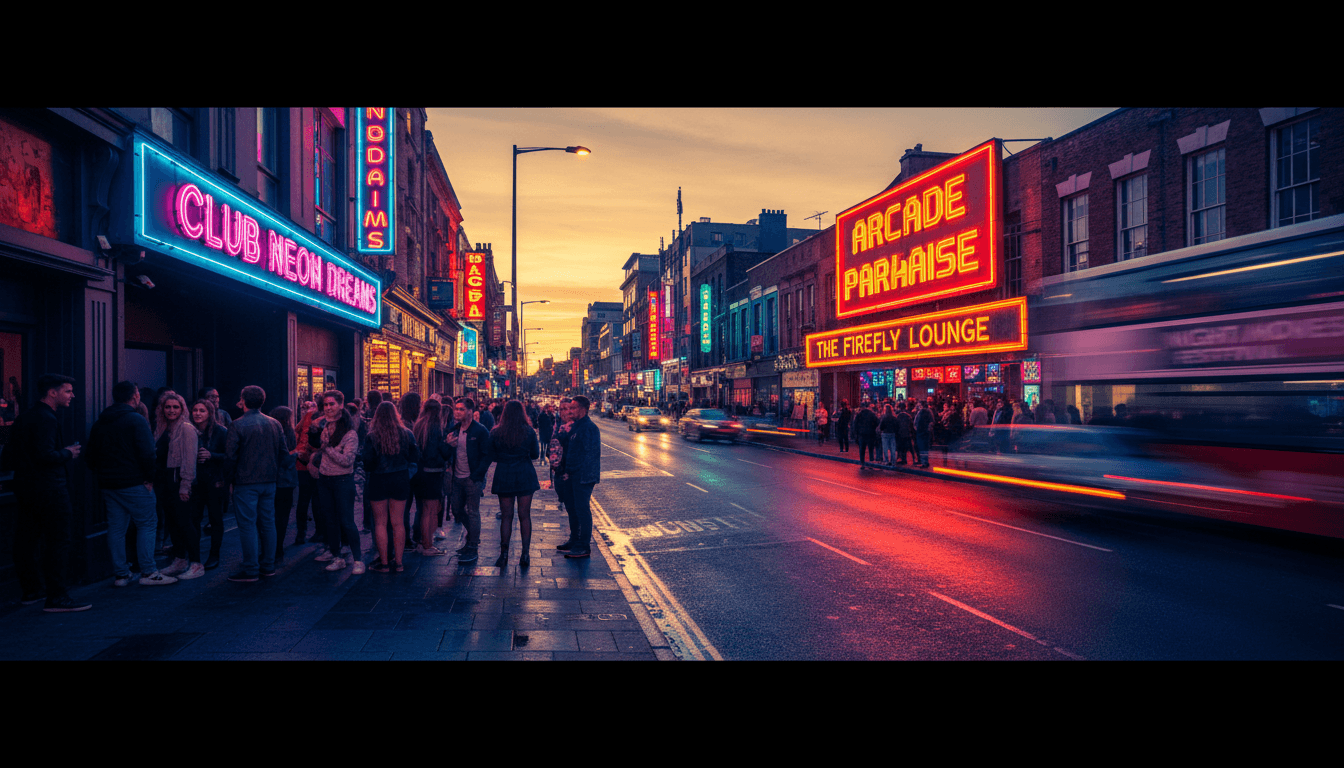 Busy Cyprus nightlife district with tourists and locals enjoying the evening atmosphere